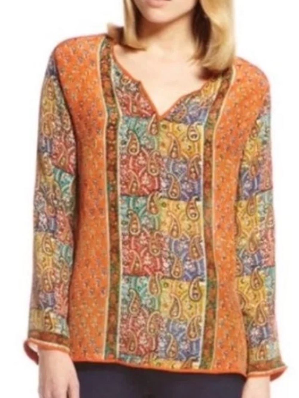 Tolani Multicolor Paisley Print Camilla silk pop over with Orange Trim